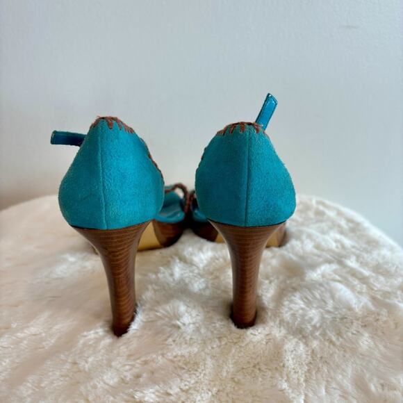 Nine West Strappy Block Heel Pumps Blue Suede Brown Stitching Size 8.5 M - Picture 4 of 7